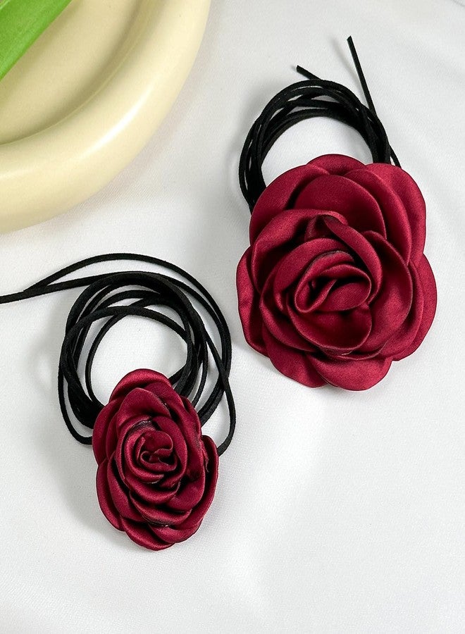 Rannyrena Vinatge Large Flower Choker Necklace 2pcs 3pcs Suede Long Wrap Necklaces Set Bow-knot Layered Tie Necklace with Artificial Rose Boho Party Accessories for Women (2 red) - Image 5